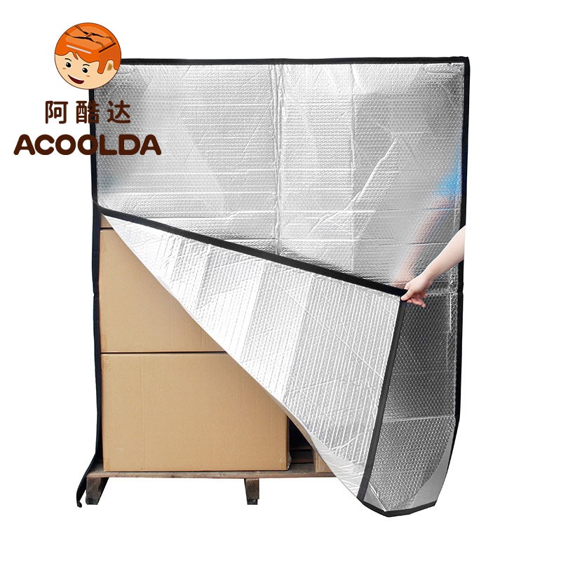 pallet thermal cover, insulated pallet wrap, reusable thermal pallet bag, cold chain pallet cover, bubble foil pallet insulation, zippered pallet cover, Velcro pallet wrap, temperature controlled packaging, cold chain logistics, thermal pallet protec