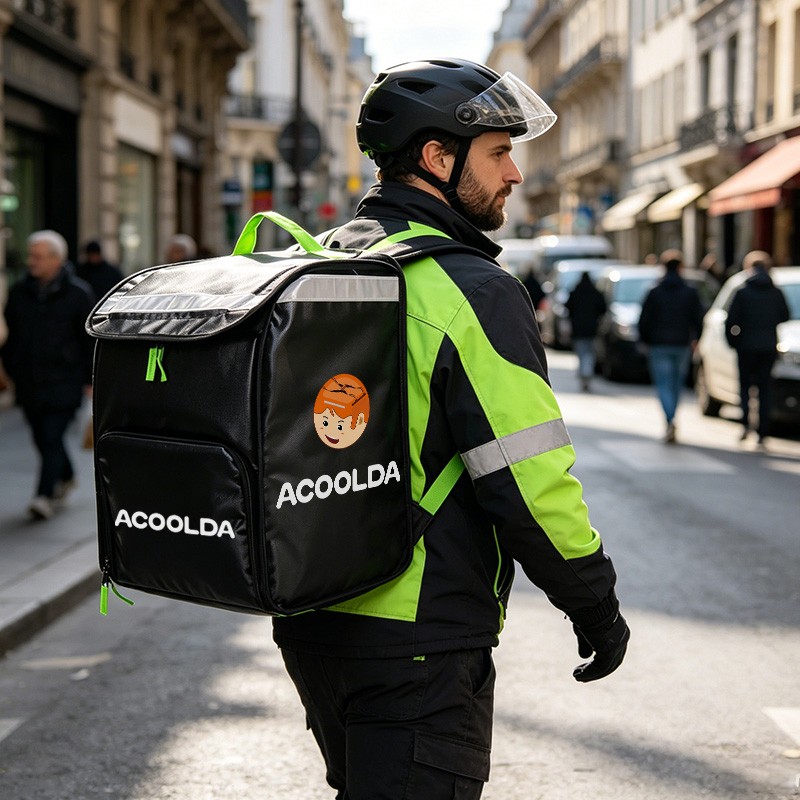 heavy duty delivery backpack, industrial thermal food carrier, black courier rucksack, motorcycle delivery gear, 69L insulated backpack, wholesale food logistics, waterproof meal carrier, bulk delivery bags.