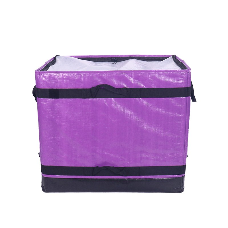 Purple logistics box, 112L parcel carrier, specialized sorting bin, premium courier bag, reinforced warehouse equipment, industrial parcel distribution, purple woven transport box, DeliverKingdom.