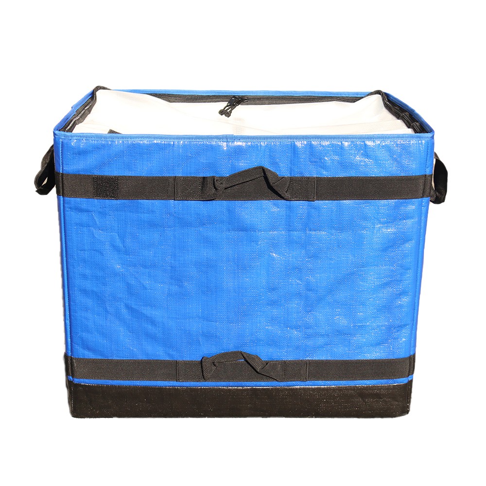 Blue logistics box, 112L parcel carrier, structural sorting bin, corporate courier bag, reinforced warehouse equipment, industrial parcel distribution, professional woven transport box.