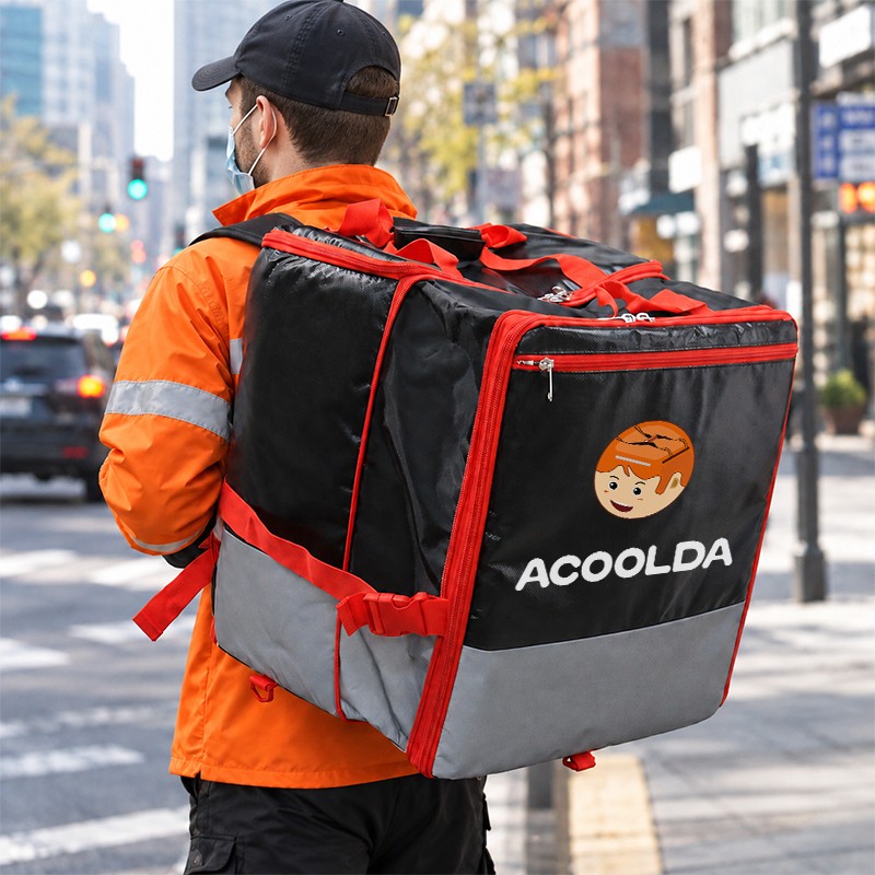 70L insulated food delivery backpack, black and red delivery bag, delivery backpack with side buckles, restaurant courier backpack, 500D PVC food delivery bag, takeaway insulated backpack, mesh back delivery backpack, delivery bag with base pads, fro