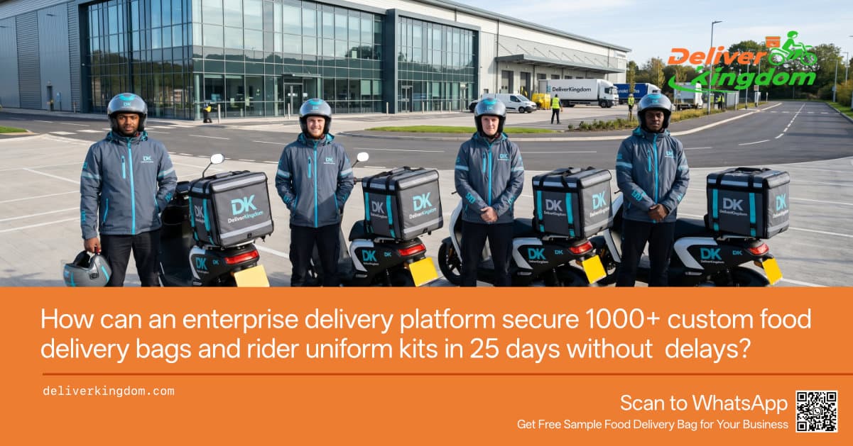 How can an enterprise delivery platform secure 1000+ custom food delivery bags and rider uniform kits in 25 days without supply chain delays?